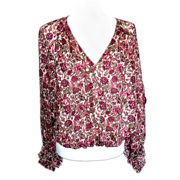 NWOT Express Blouse Elastic Waist Floral Fully Lined Gathered Sleeves Size M - Picture 1 of 7